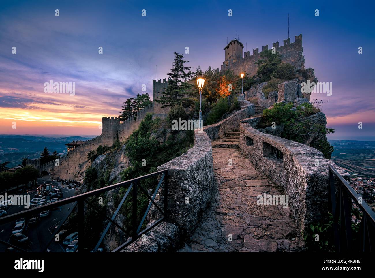 Castle of San Marino, in sunset colors. Stock Photo