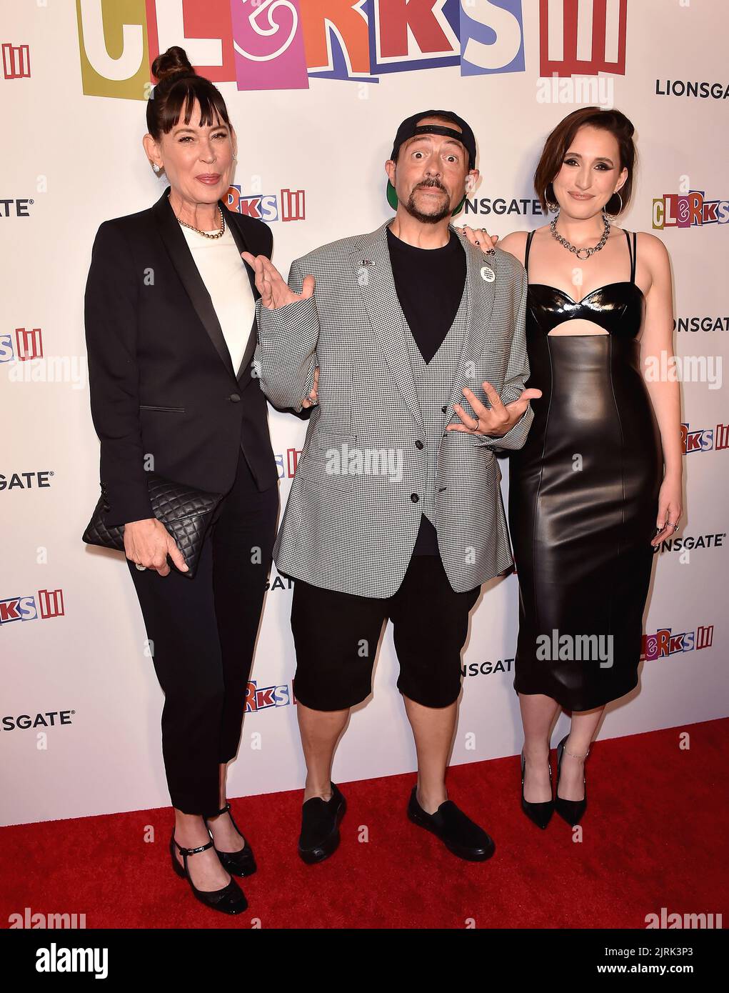 Los Angeles, USA. 24th Aug, 2022. Jennifer Schwalbach Smith, Kevin Smith and Harley Quinn Smith walking the red carpet at the Los Angeles premiere of 'Clerks III' at TCL Chinese 6 Theatres in Los Angeles, CA on August 24, 2022. (Photo By Scott Kirkland/Sipa USA) Credit: Sipa USA/Alamy Live News Stock Photo