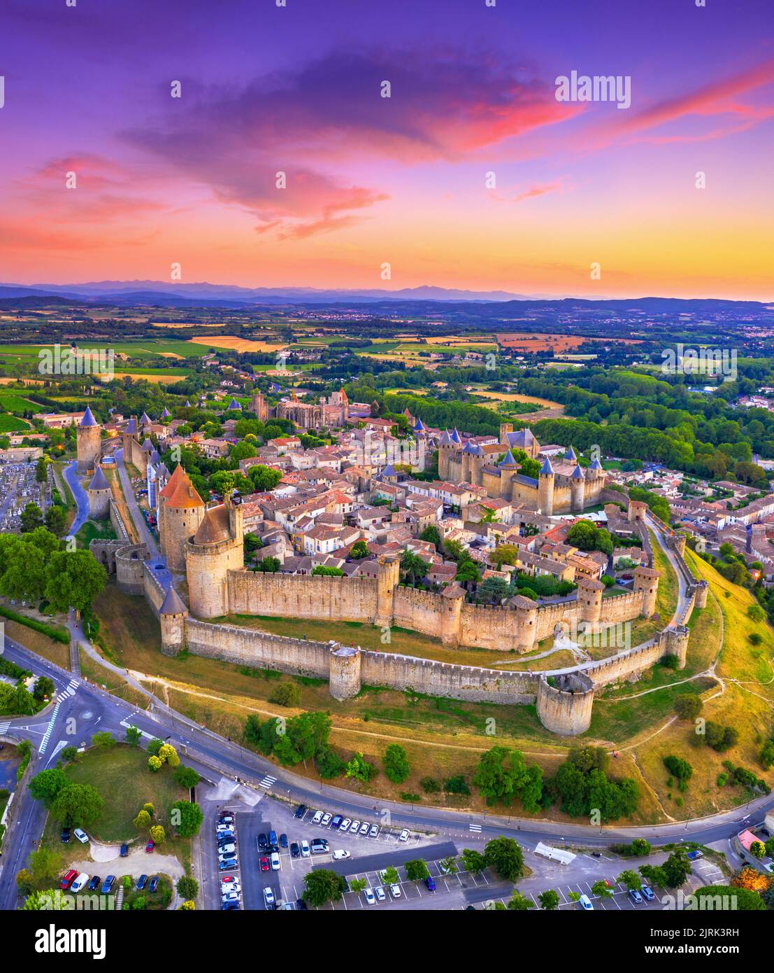Medieval castle town of Carcassone at sunset, France Stock Photo