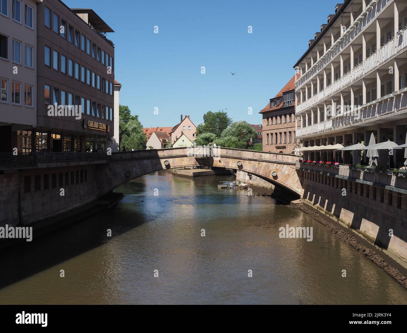 NUERNBERG, GERMANY - CIRCA JUNE 2022: Fleischbruecke translation Fleisch Bridge over river Pegnitz Stock Photo