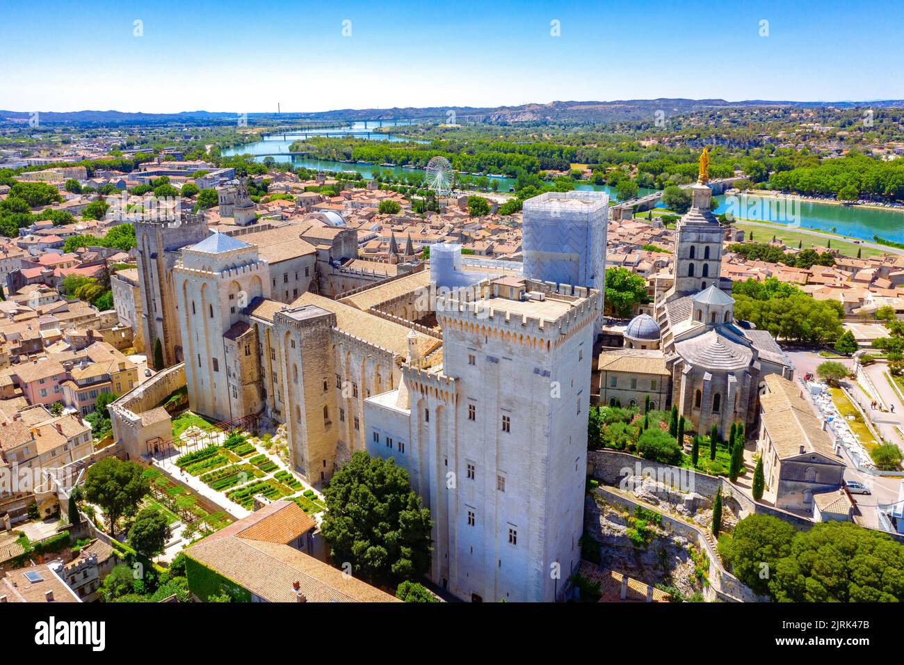 Avignon Bridge with Popes Palace and Rhone River, Pont Saint-Benezet, Provence, France. Stock Photo