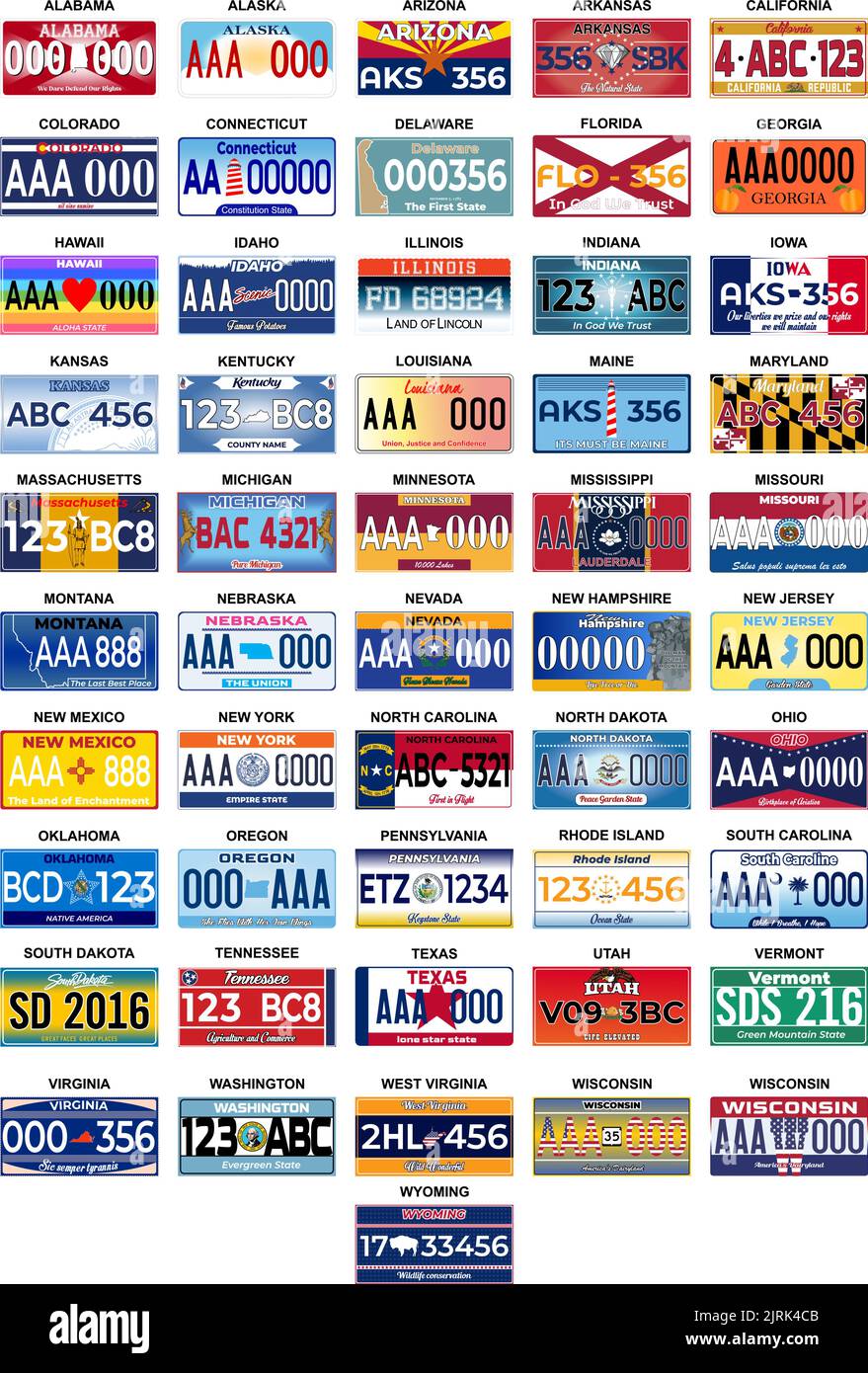 Complete Set 51 United States License Plates - All 51 USA States, Special Design And Regulation For All States, Car numbers of vehicle registration in Stock Vector