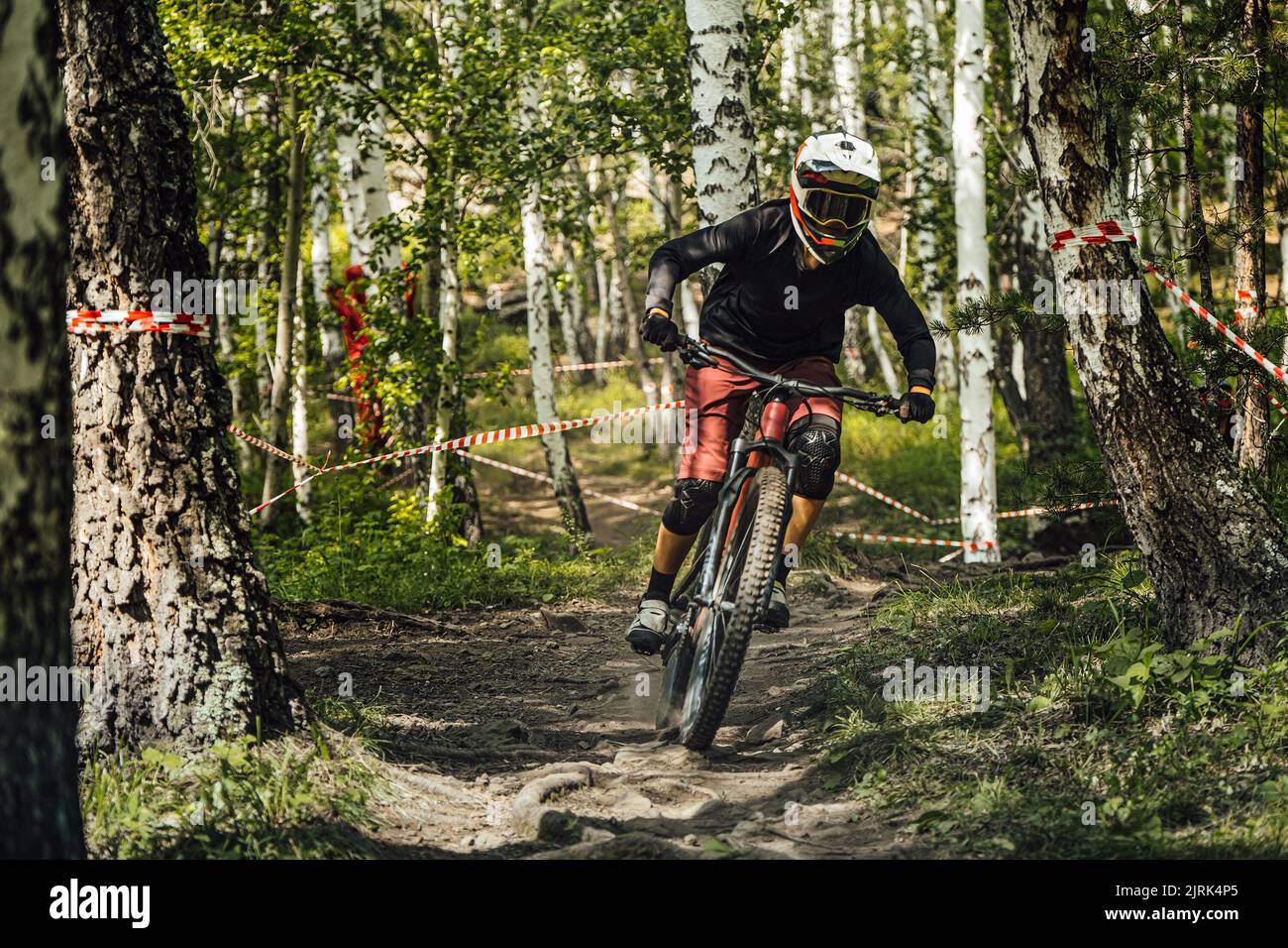 rider of mountain bike downhill forest trail Stock Photo
