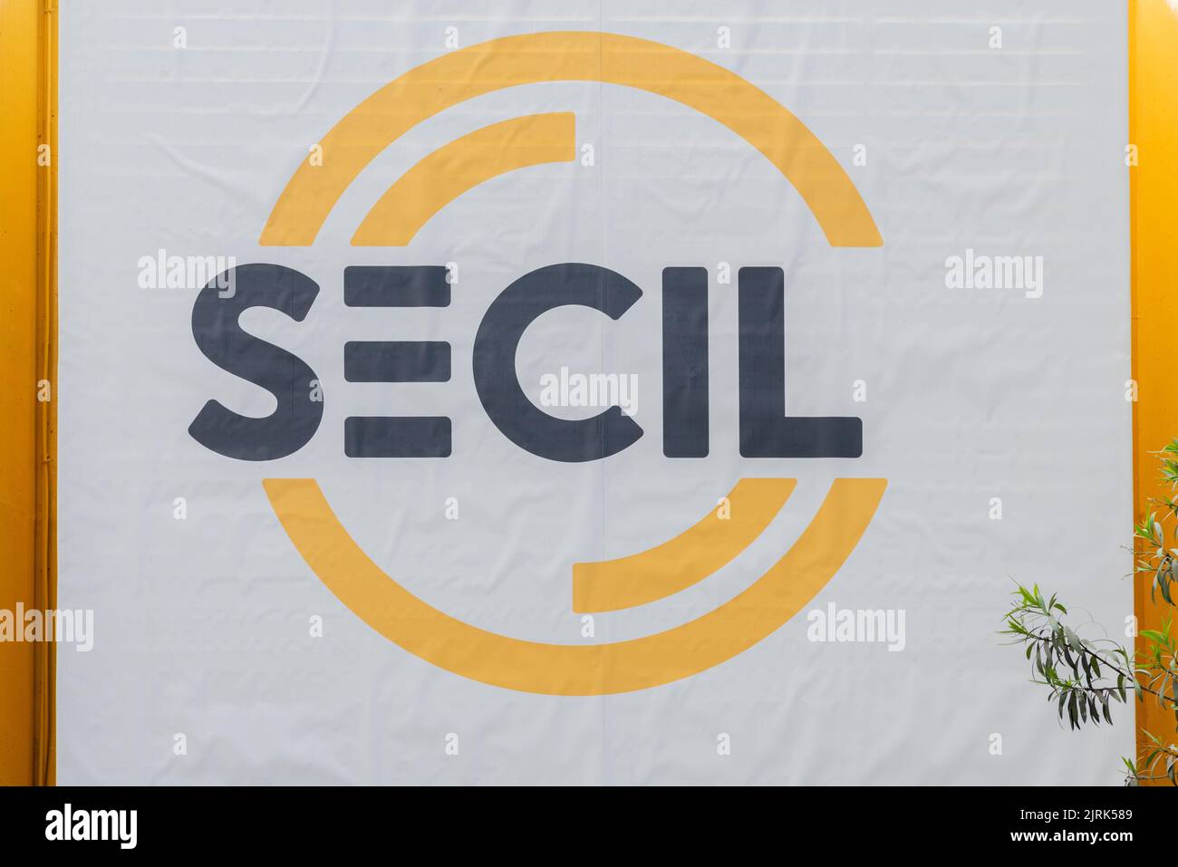 The advertising panel of the company that produces cement called Secil in Setubal, Portugal. Stock Photo