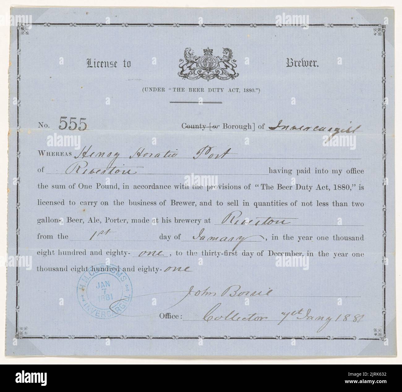 Licence to Brewer, 7 January 1881, Invercargill, by John Borrie. Stock Photo