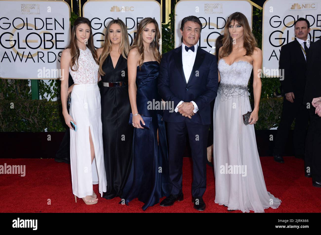 File photo dated January 10, 2016 of Sylvester Stallone, his wife Jennifer Flavin and their daughters attend the 73rd Annual Golden Globe Awards held at the Beverly Hilton Hotel in Los Angeles, CA, USA. Sylvester Stallone and Jennifer Flavin are divorcing after 25 years of marriage. Flavin filed a petition 'for dissolution of marriage and other relief' from the Rocky actor, 76, on Friday at a court in Palm Beach County, Florida. Stallone and Flavin, 54, married in 1997, though their relationship originally began in 1988 at a restaurant in Beverly Hills, California. Photo by Lionel Hahn/ABACAPR Stock Photo