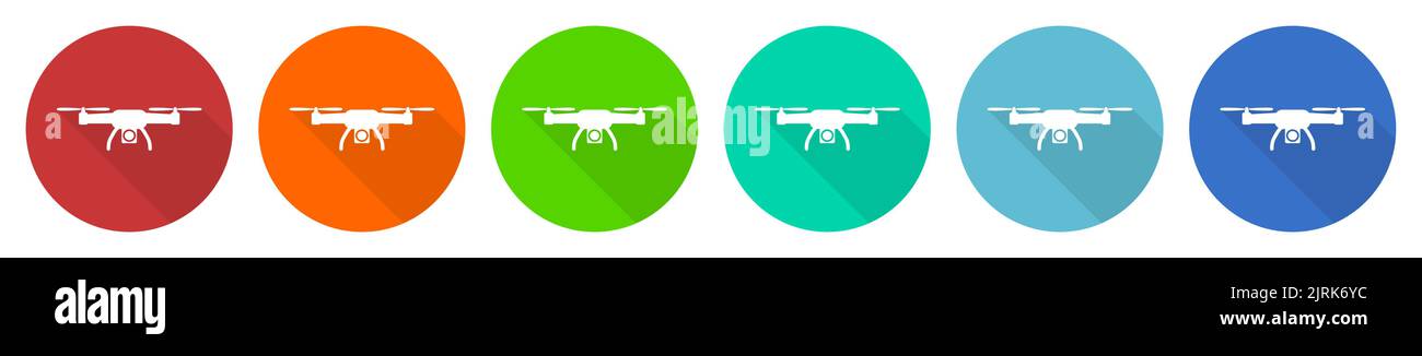 Drone, copter, aerial camera icon set, flat design vector illustration in 6 colors options for webdesign and mobile applications Stock Vector