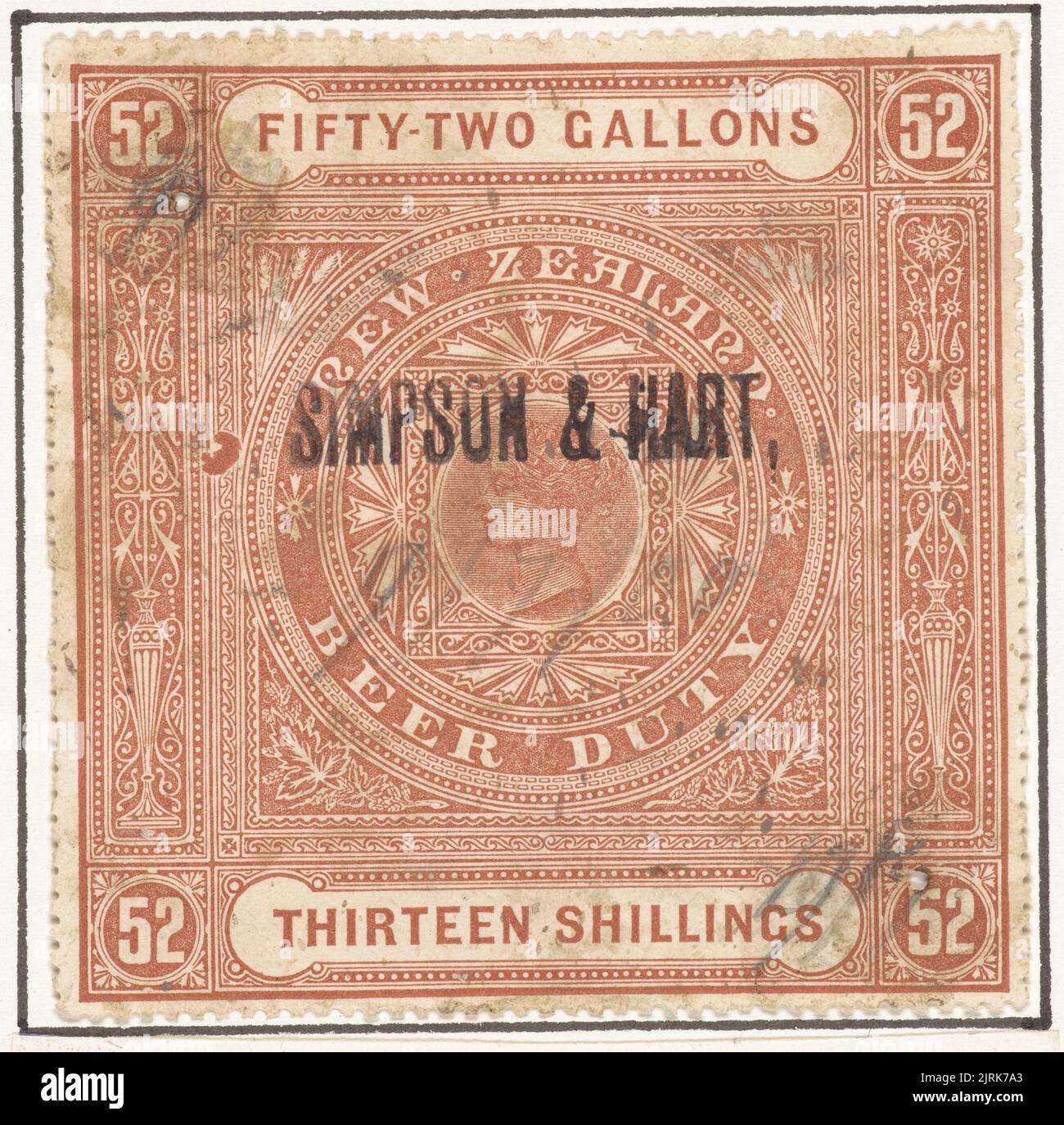 Beer duty stamp, fiftytwo gallons, 1883, New Zealand, by Bock and