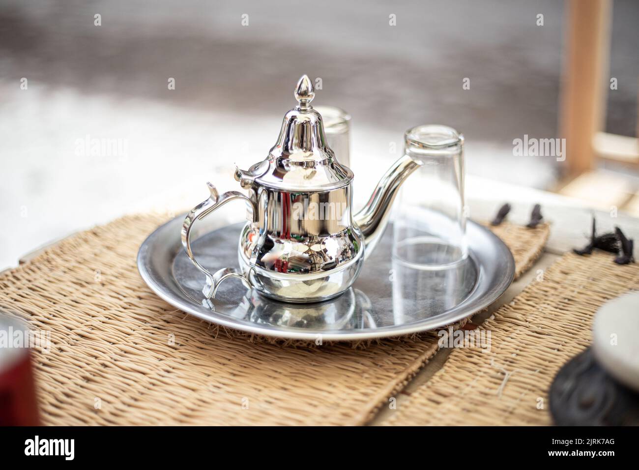 Silver shining tea pot in Arabian style Stock Photo