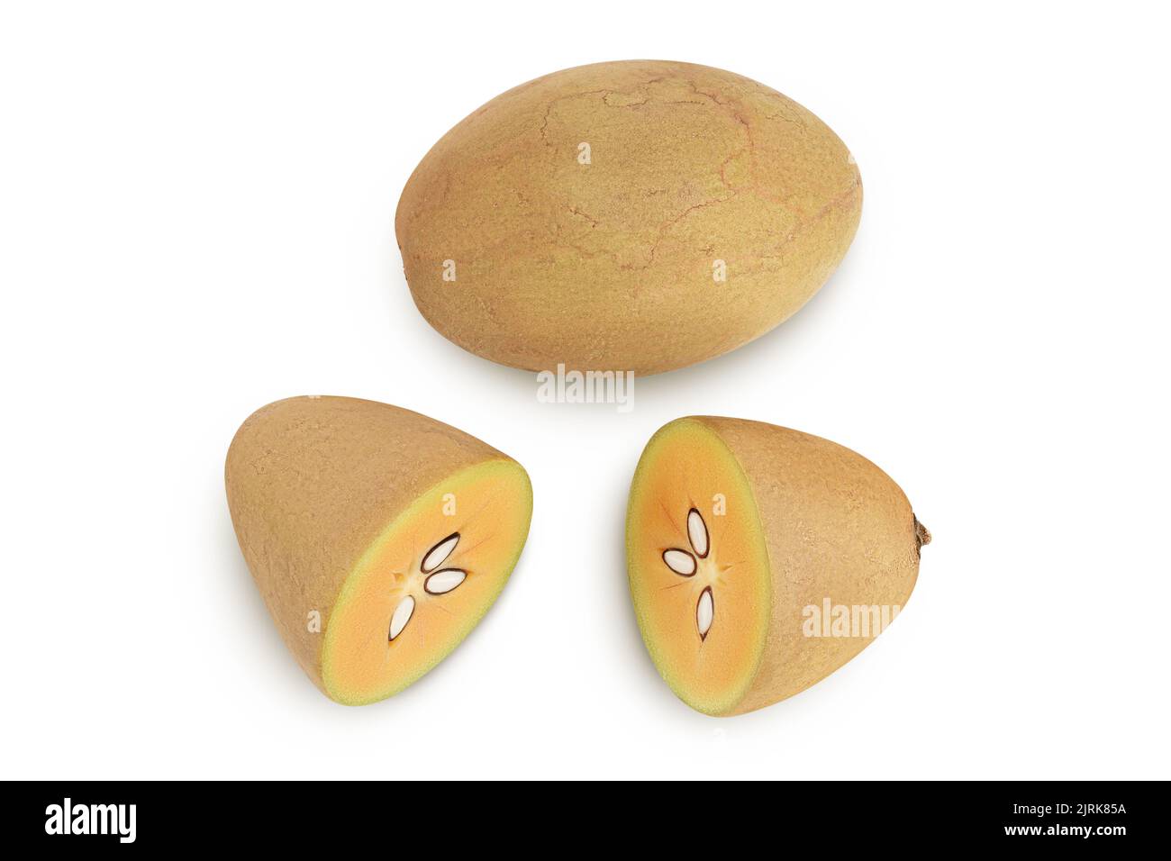 Sapodilla isolated on white background with full depth of field. Top view. Flat lay Stock Photo