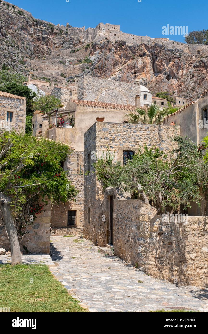 The medieval 'castletown' of Monemvasia (or 'Malvasia'), in Lakonia Prefecture, Peloponnese, Greece. As it is built on the 'back' side of the rock it' Stock Photo
