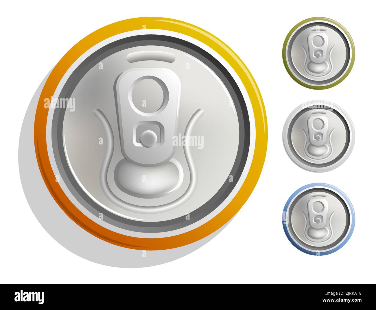 Set of aluminum cans with soda top view. Metal beer can with key to open from high angle. Realistic horizontal vector Stock Vector