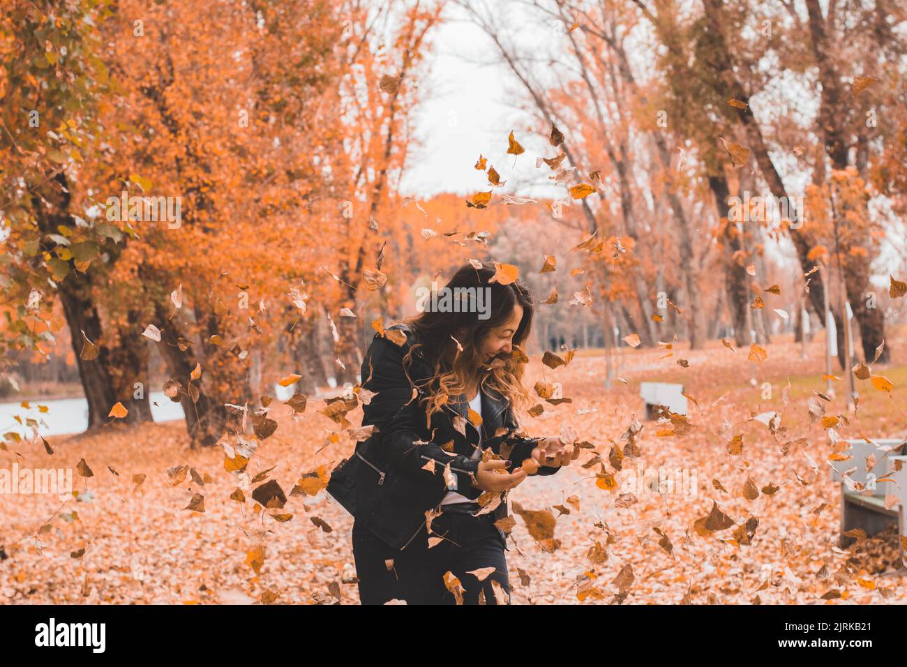Beautiful Girl Among Falling Leaves - Autumn portrait Stock Photo - Alamy