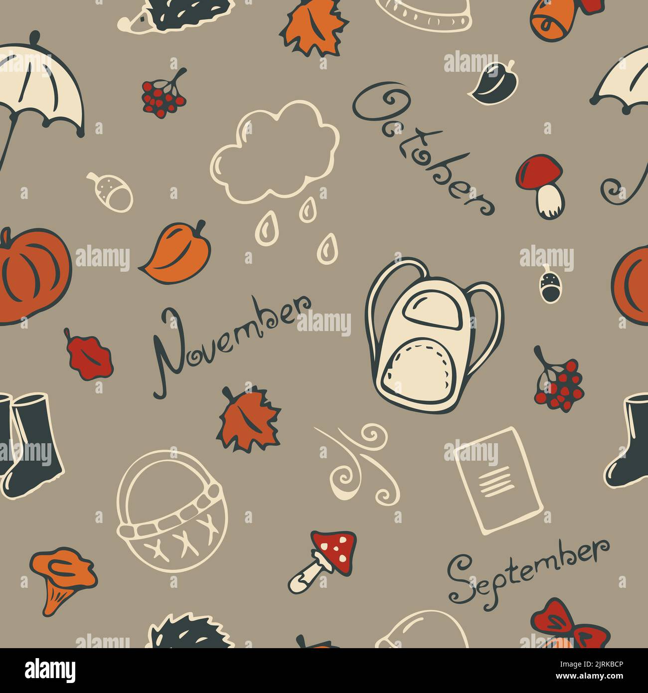 Autumn pattern in beautiful style. Cartoon objects Stock Vector