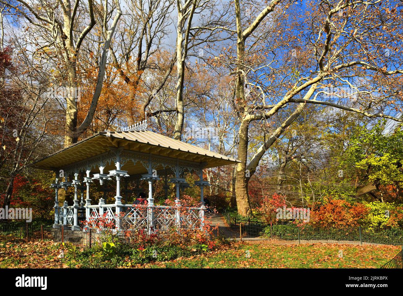 Wooden gazebo in Central park in picturesque autumn. New York City Stock Photo
