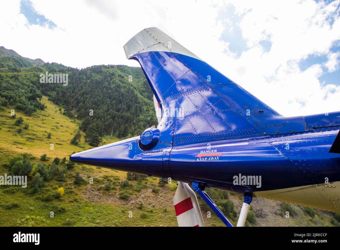 Tailview Helicopter tail close-up, blue and white helicopter view Stock Photo ...