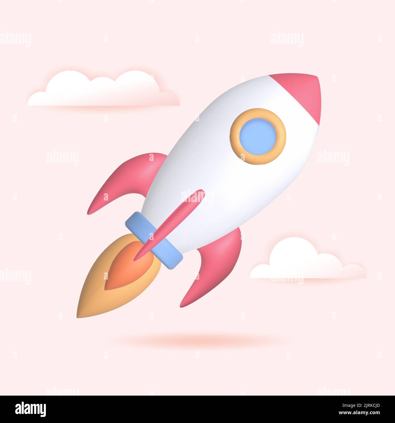 3d render rocket launch, startup business concept. Spaceship with clouds on pink background. Vector illustration Stock Vector