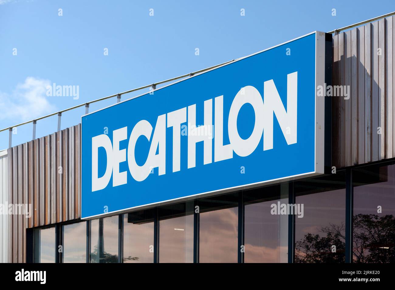 Saint-Martin-des-Champs, France - August, 24 2022: Sign of Decathlon, a French sports and leisure retailer. Stock Photo