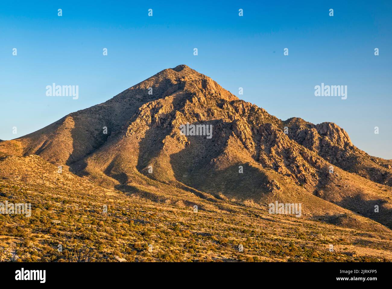 Baylor Peak at Organ Mtns at sunrise, from Pine Tree Trail, Aguirre Spring Recreation Area, Organ Mountains Desert Peaks Natl Monument, New Mexico Stock Photo