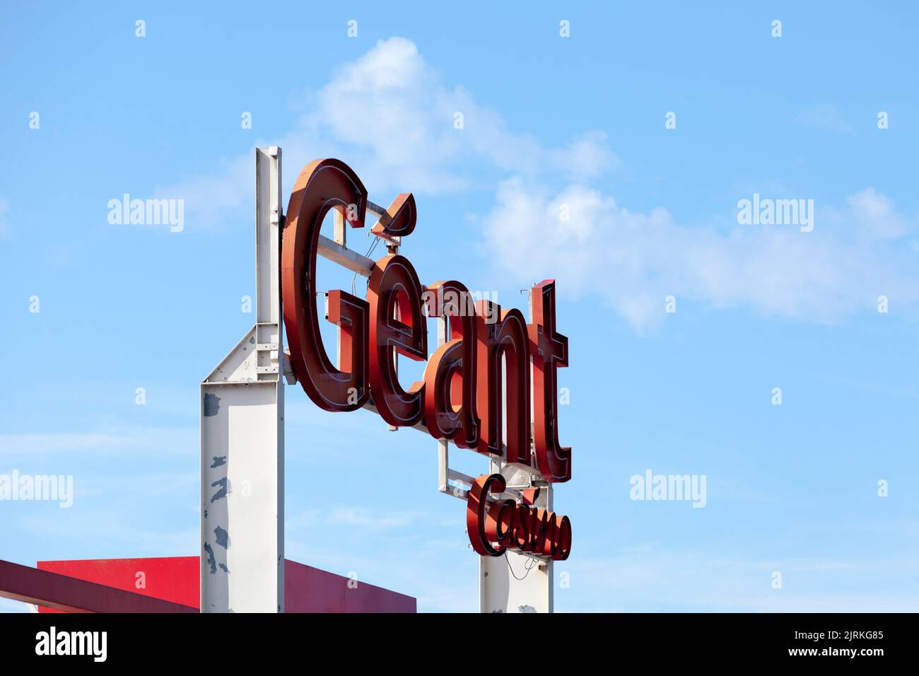 Saint-Martin-des-Champs, France - August, 24 2022: Sign of Géant Casino, a French hypermarket chain part of the French retailing giant Groupe Casino. Stock Photo