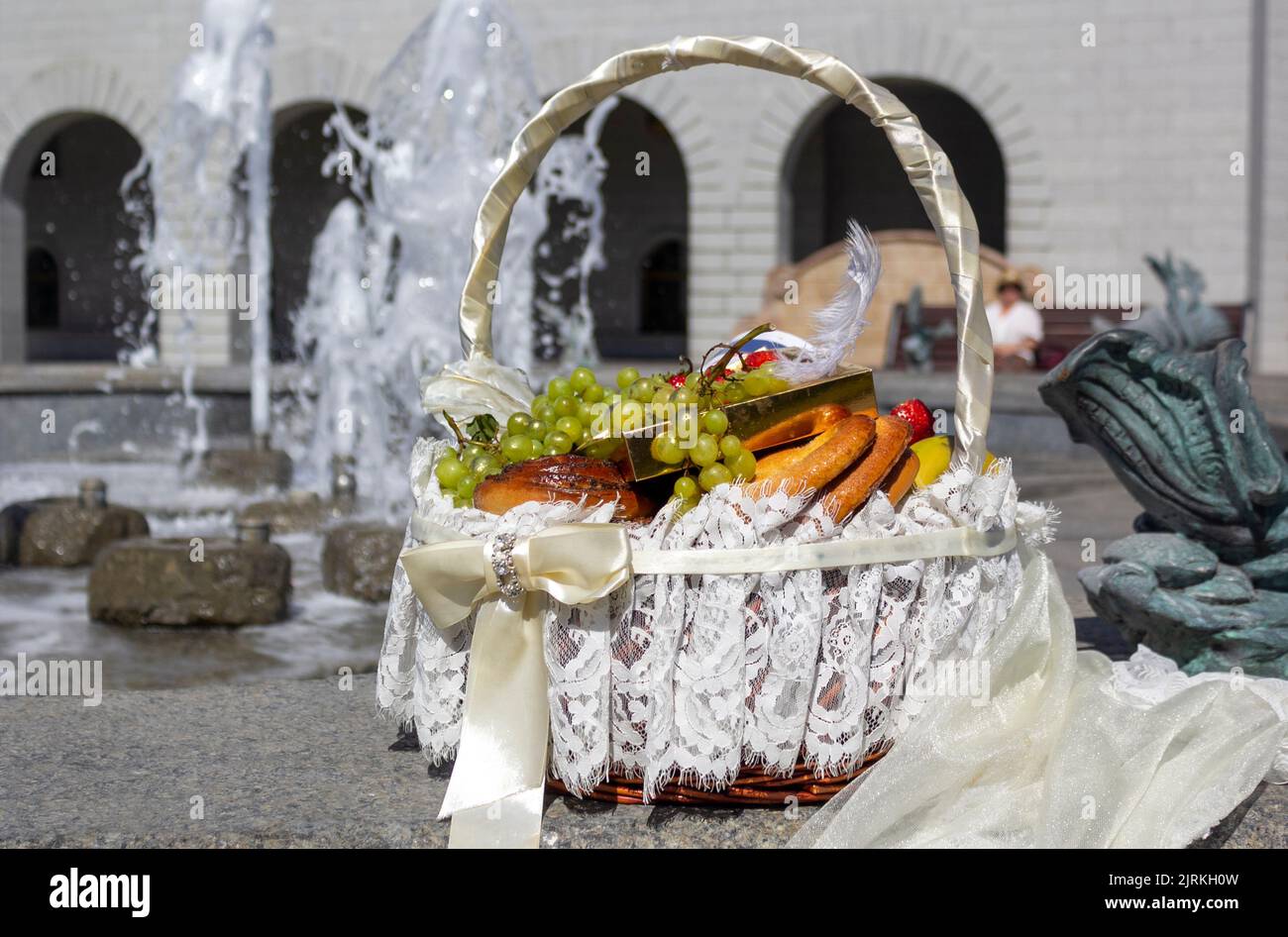 Easter holiday. Treats stacked in a basket for consecration in the temple. Stock Photo