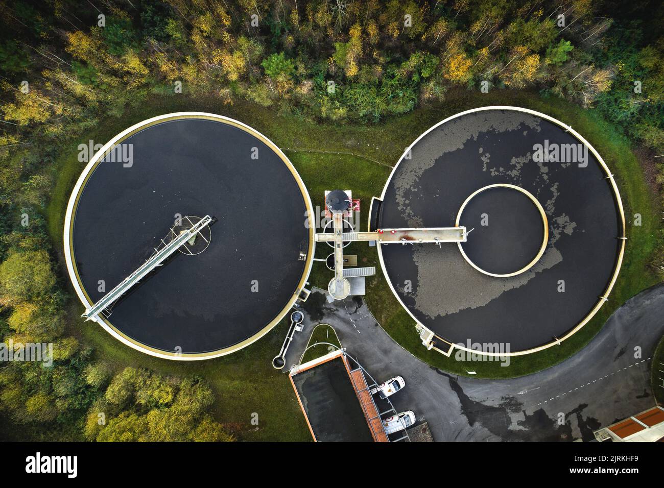 Saint-Jean-la-Poterie (Brittany, north-western France), 2021/11/09: aerial view of the water purification plant of Redon agglomeration Stock Photo