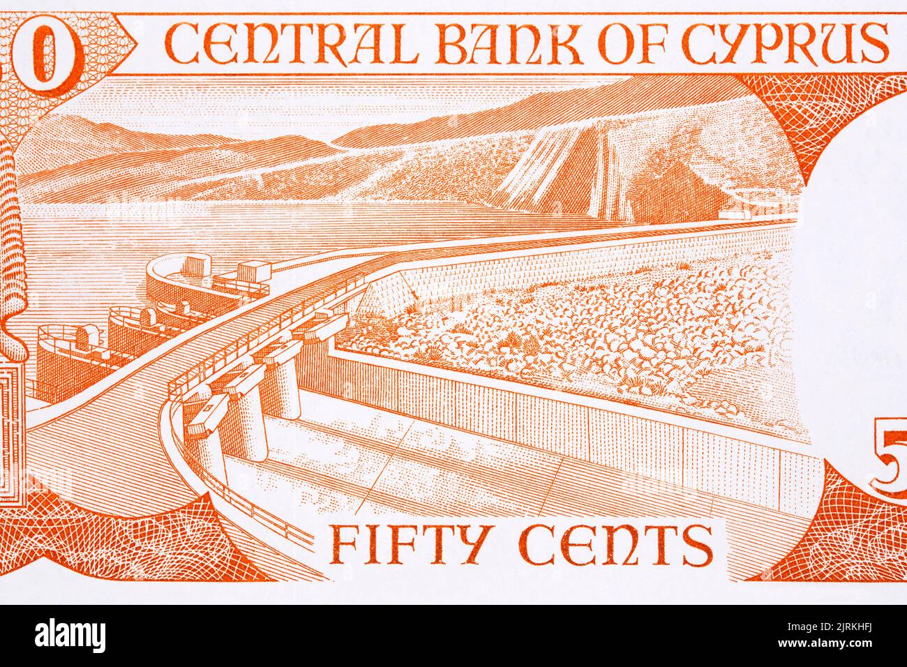 Yermasoyla Dam  from Cypriot money - Pounds Stock Photo