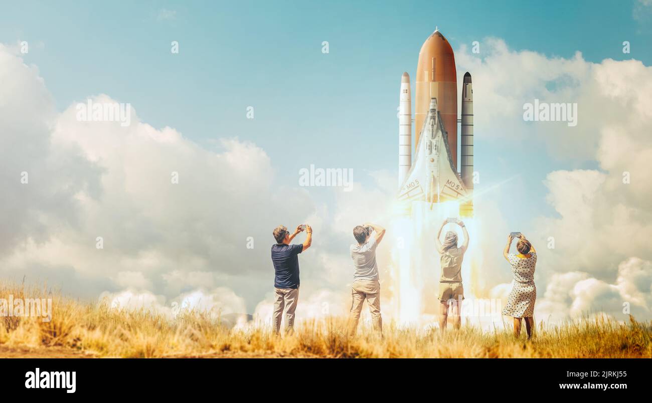 Spaceship taking off from Earth heading for Mars. Mission to Mars