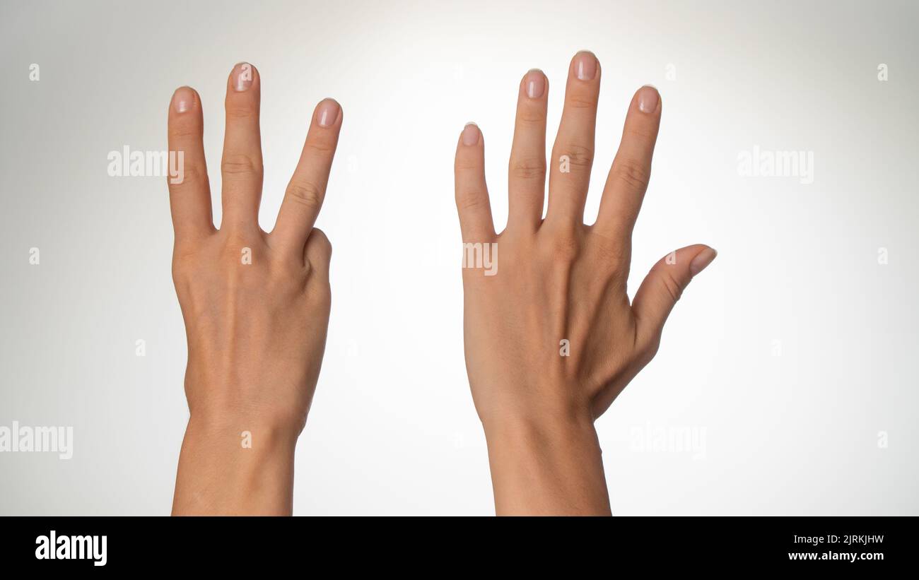 Women's hands count on fingers 8 back of palms. High quality photo Stock Photo