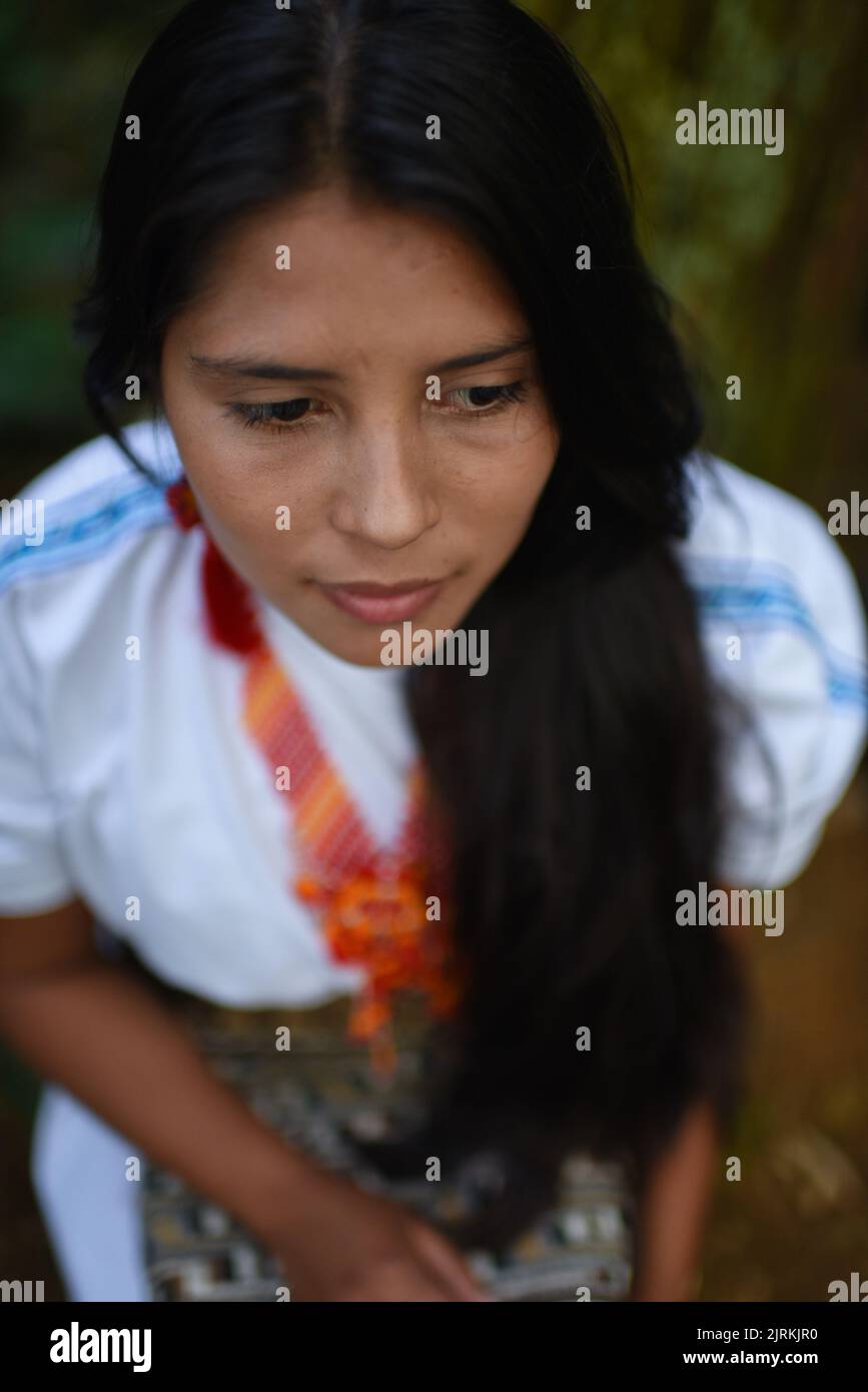 Close up portrait of contemplative young Arhuaco indigenous woman in a forest of Colombia Stock Photo