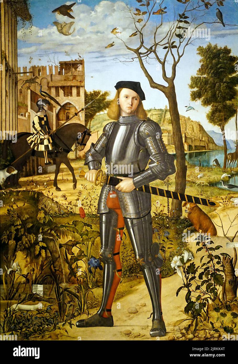 Young Knight in a Landscape c.1505 by Vittore Carpaccio c.1465-1525.Italian painter from the Venetian school Stock Photo