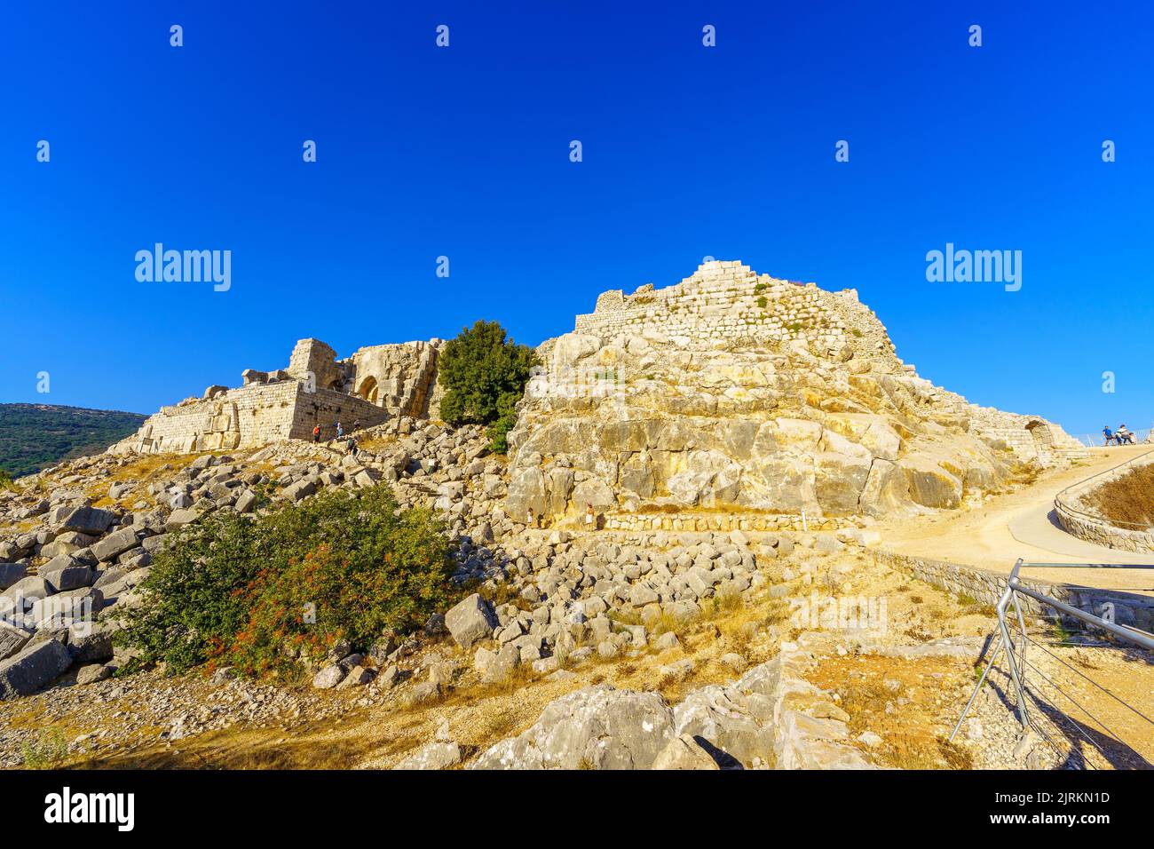 Nimrod, Israel - August 16, 2022: View from the west of the medieval Nimrod fortress, with visitors, in the Golan Heights, Northern Israel Stock Photo