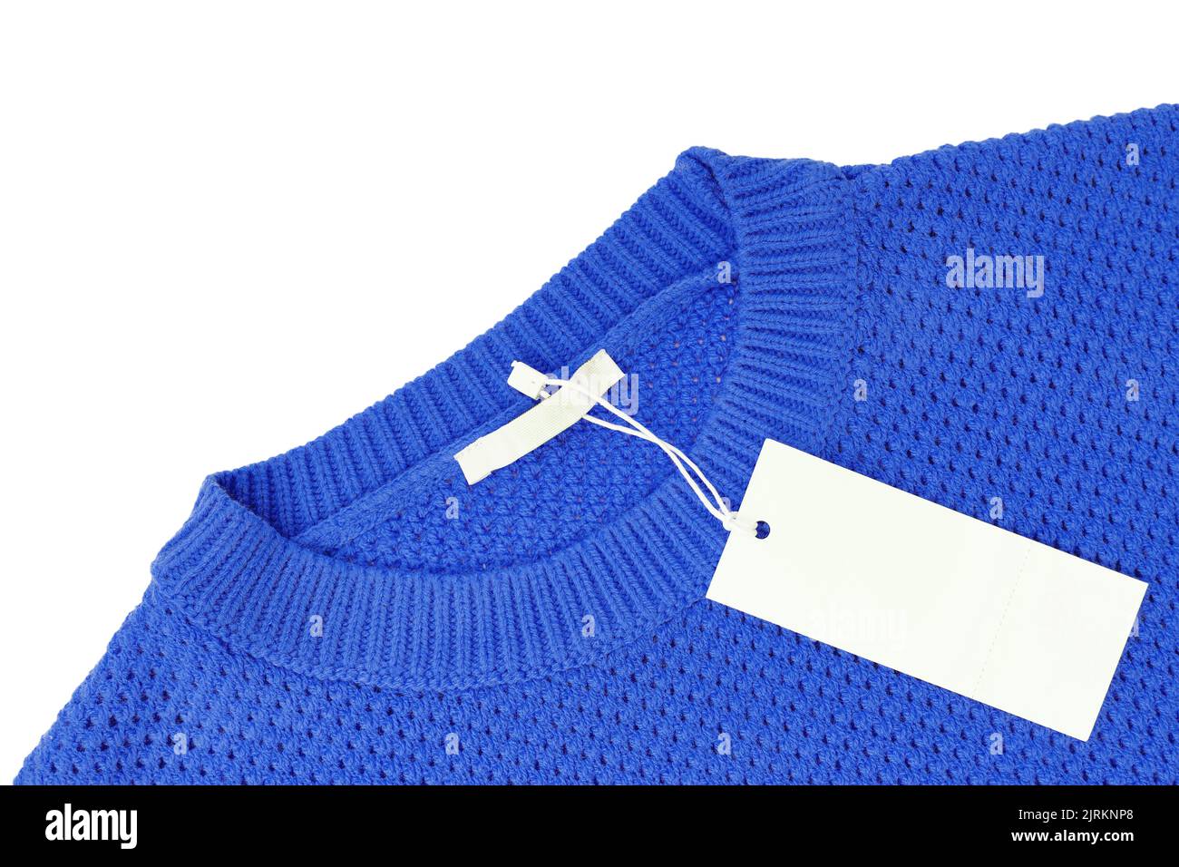 White blank rectangular clothing tag, label mockup template on blue