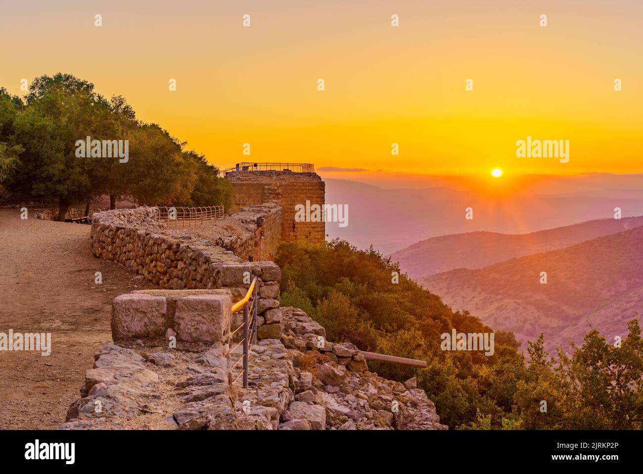 Sunset view of the medieval Nimrod fortress, with nearby landscape, the Golan Heights, Northern Israel Stock Photo