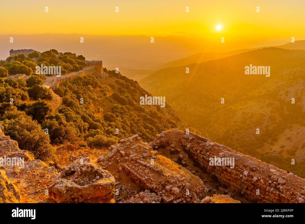 Sunset view of the medieval Nimrod fortress, with nearby landscape, the Golan Heights, Northern Israel Stock Photo