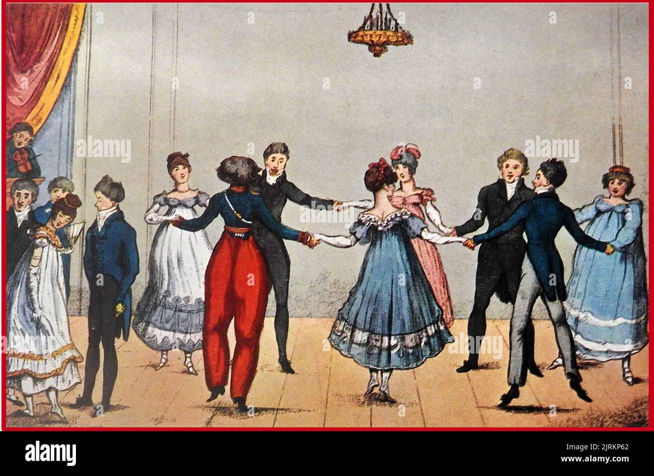 A coloured early 19th century copper engraving of a group dancing a quadrille. .The term quadrille originated in 17th-century military parades where four mounted horsemen formed square formations.  As a dance it became popular in the 18th and 19th centuries both in Europe and the European colonies. It became a craze in Britain after  Lady Jersey (Sarah Sophia Child Villiers, Countess of Jersey   1785 – 1867) introduced the dance to high society gatherings.(She was  born Lady Sarah Fane) Stock Photo