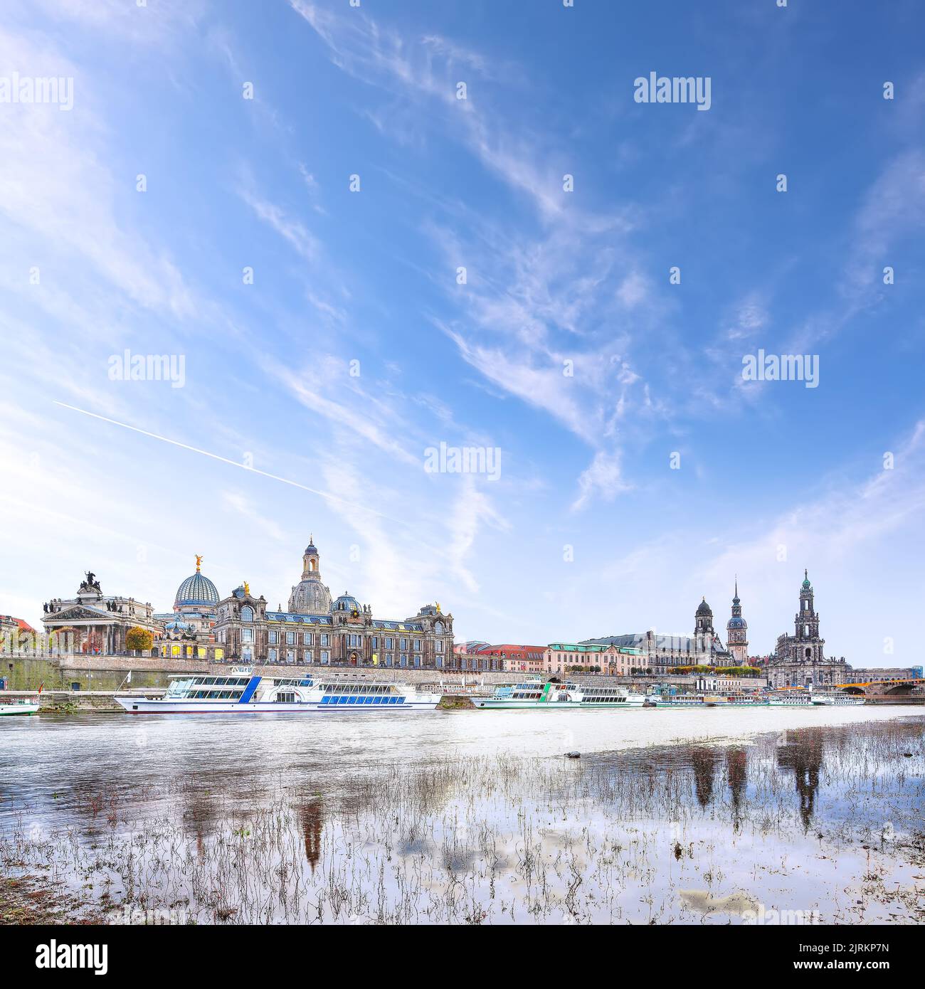 Sunset on Elbe river with panorama of Cathedral of the Holy Trinity or ...