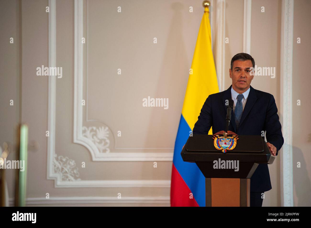 Spain's government president Pedro Sanchez speaks during the official visit of Pedro Sanchez, government president of Spain to Colombia, in Bogota, Co Stock Photo