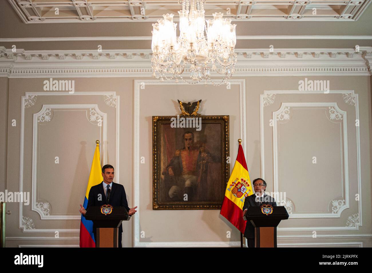 Spain's government president Pedro Sanchez (Left) and Colombia's president Gustavo Petro (Right) speak during the official visit of Pedro Sanchez, gov Stock Photo
