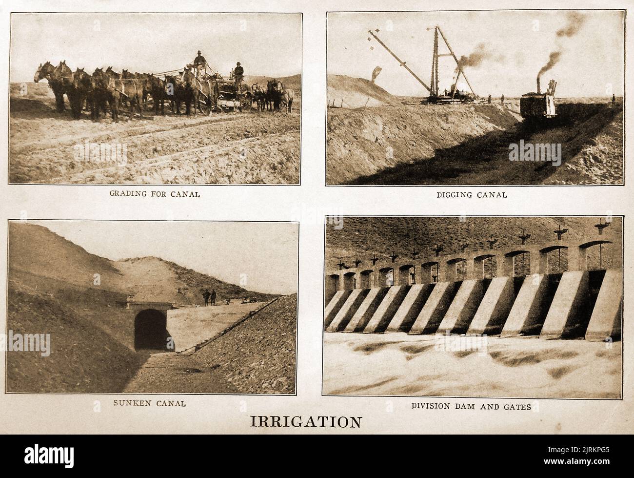 A vintage British illustration showing 4 stages in the construction of a dam using basic  equipment including horse-drawn carts Stock Photo