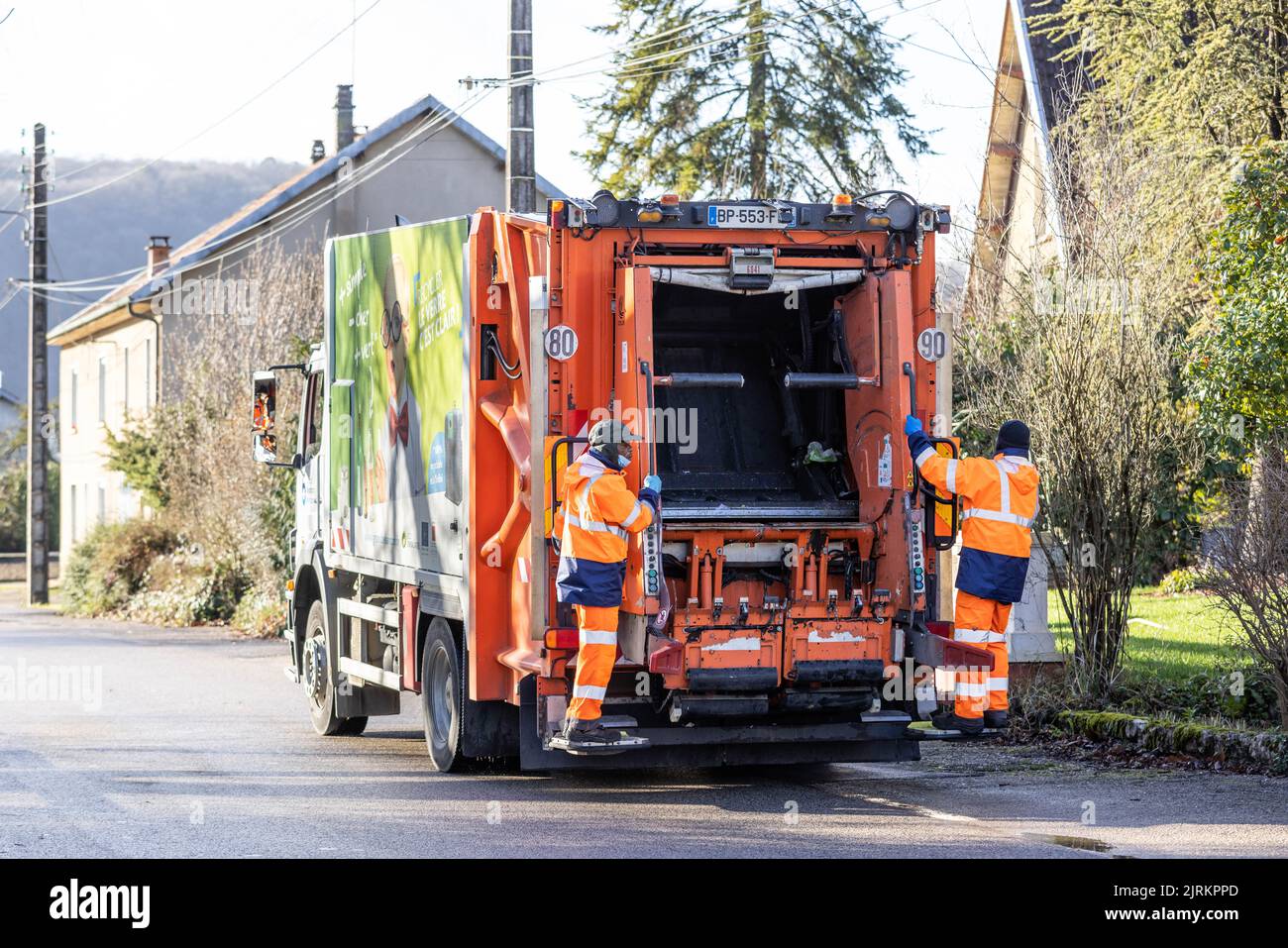 Waste collection service in the metropolis of Besancon (north-eastern France): waster truck / bin lorry Stock Photo