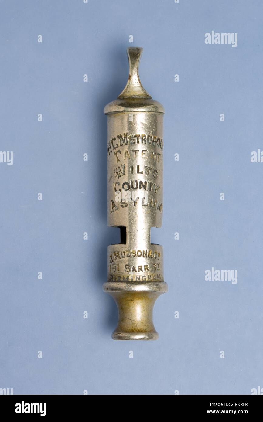 Whistle issued to Wilts Country Asylum, about 1888, made by J.Hudson and Co., 131 Barr Street, Birmingham Stock Photo