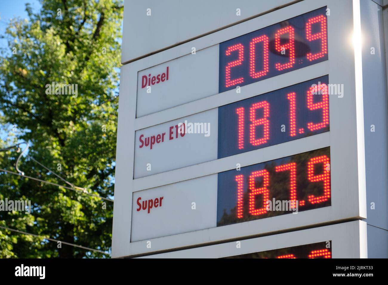 Close-up of a sign at a gas station showing high gasoline prices in Germany in August 2022 short before the end of the German fuel discount Stock Photo