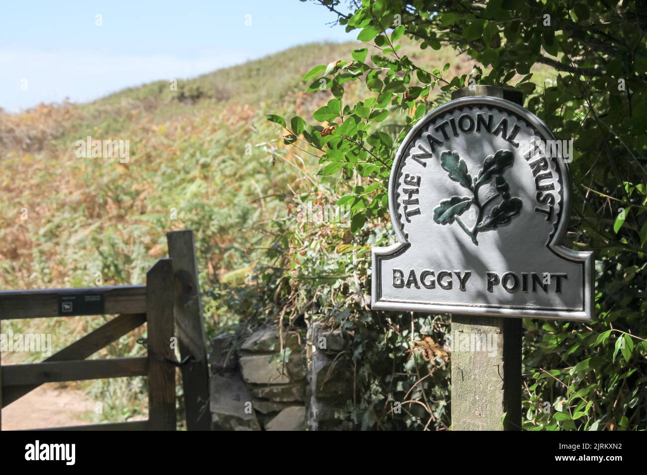Baggy Point, National Trust sign, Croyde, Braunton, Devon, England, UK, August 2022 Stock Photo