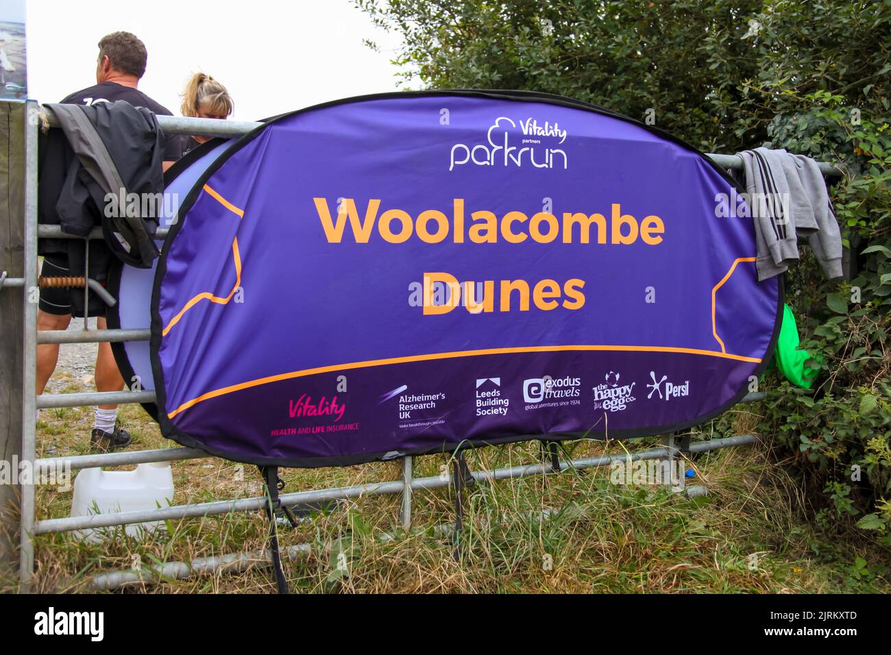 Woolacombe Dunes Park Run sign, North Devon, England, UK, August 2022 Stock Photo