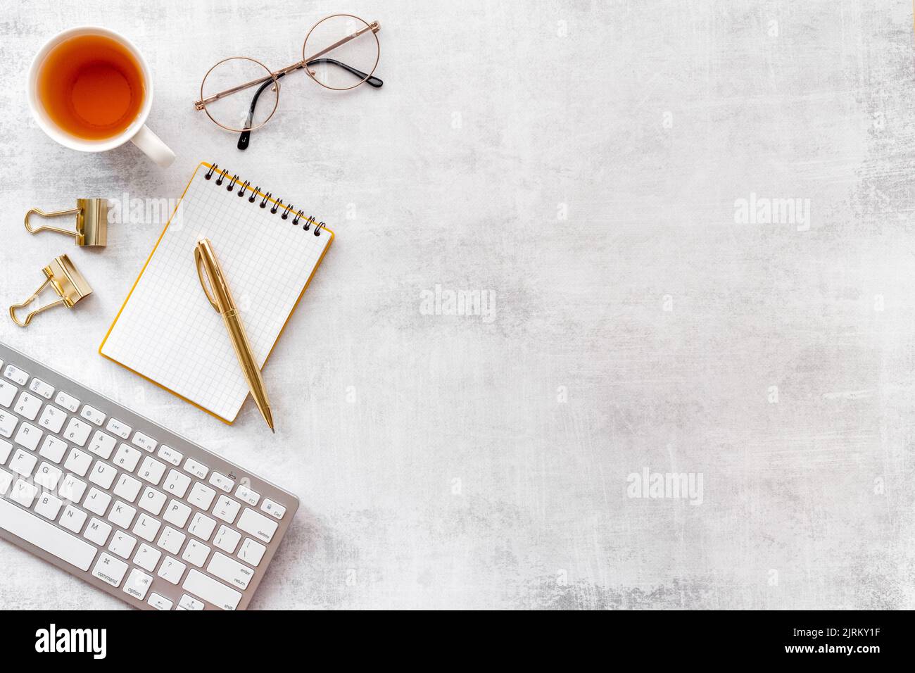 Home office desk with supplies and computer, top view Stock Photo Alamy