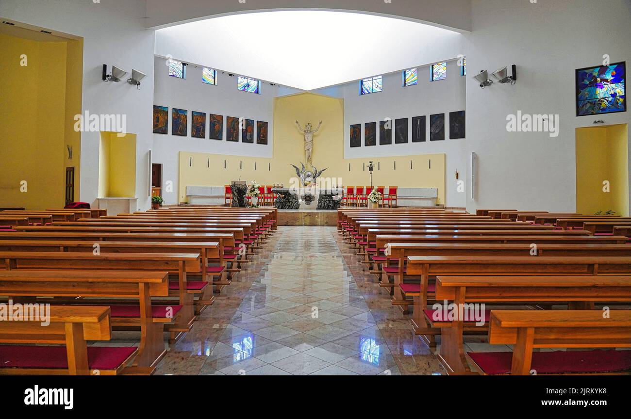 An indoor view of the modern church of St. Anthony of Padua in the