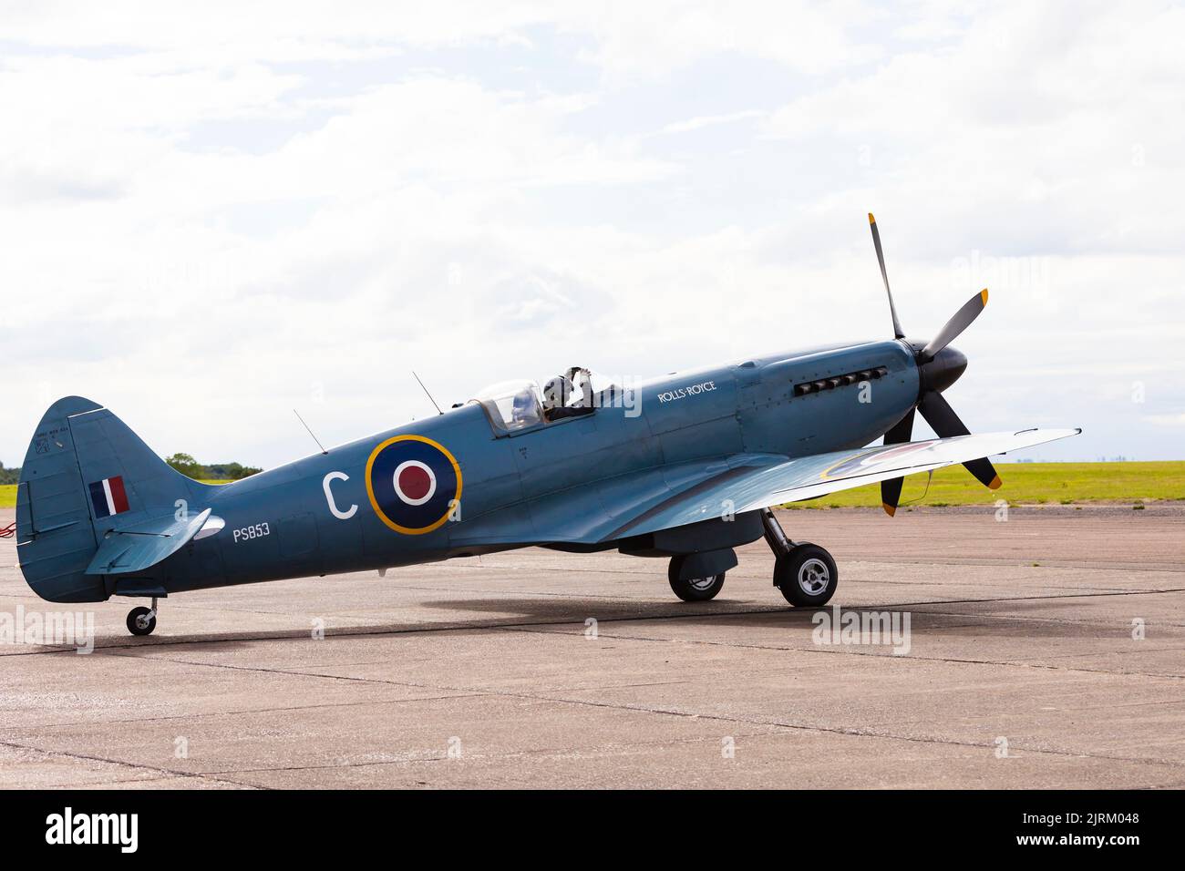 Supermarine Spitfire PRXIX of the Rolls Royce Heritage Trust flying at RAF Syerston Families Day, Aug 2022. Stock Photo