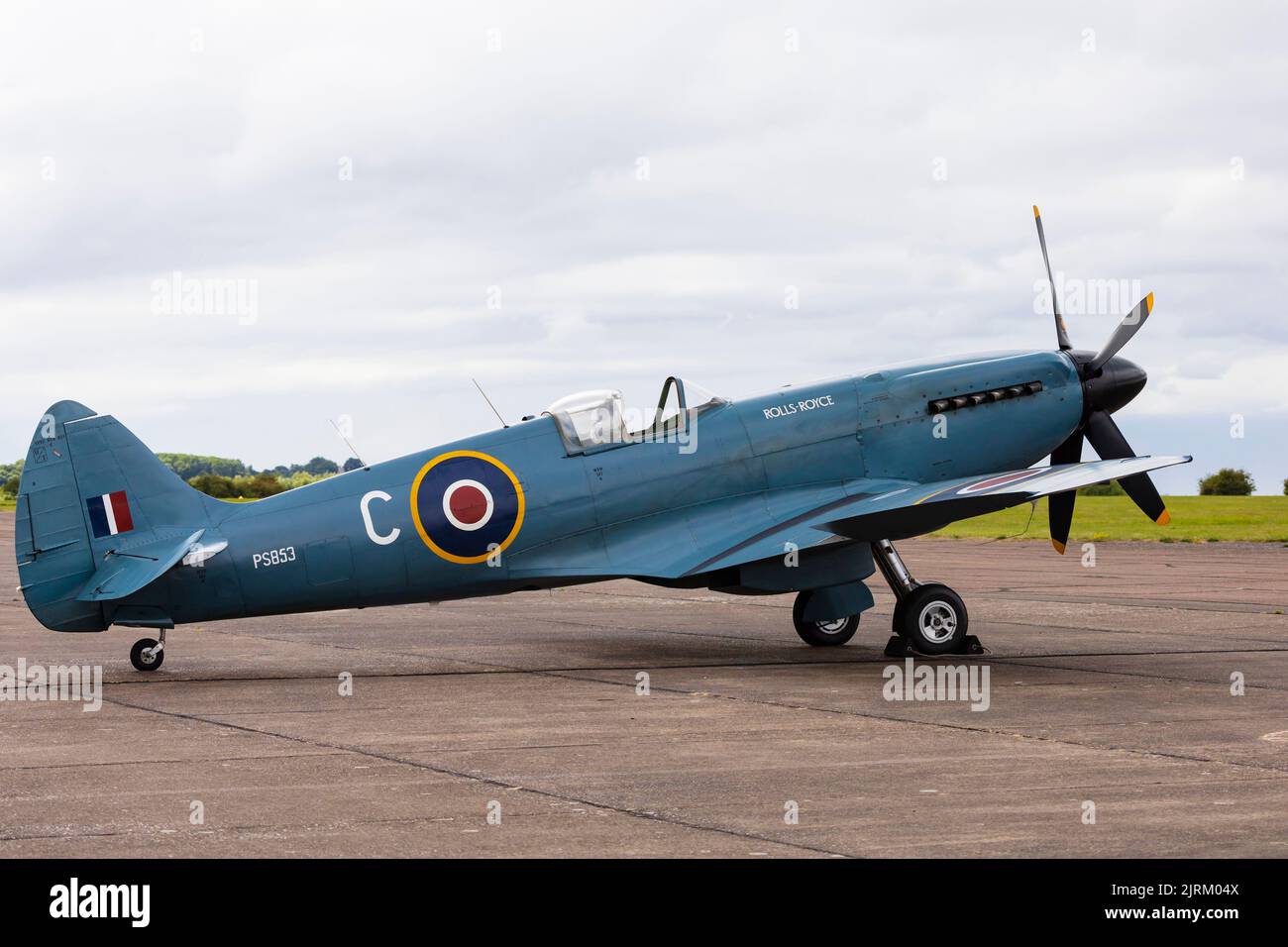 Supermarine Spitfire PRXIX of the Rolls Royce Heritage Trust flying at RAF Syerston Families Day, Aug 2022. Stock Photo