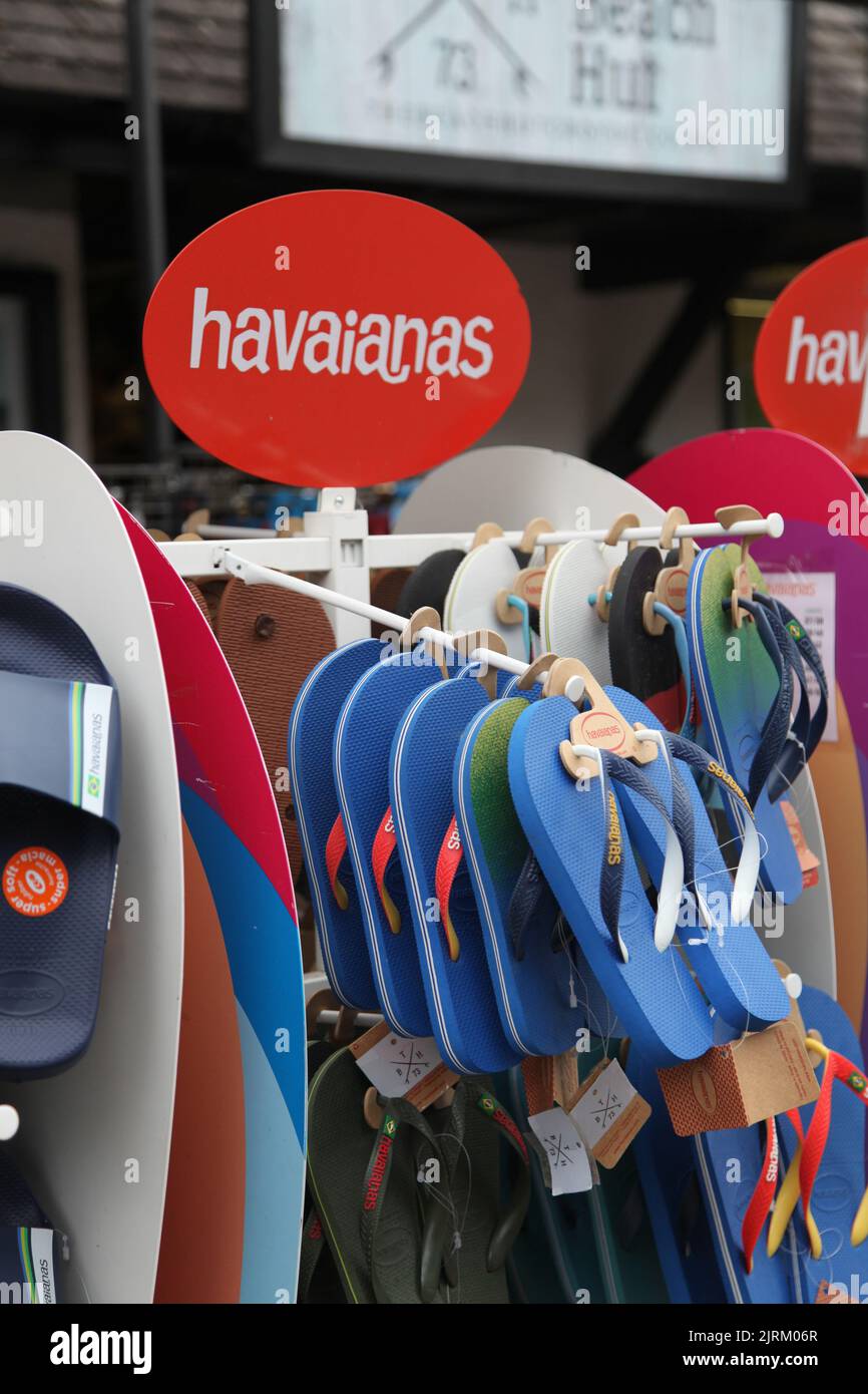 Havaianas flip flops sliders on display for sale in store, Croyde, Braunton, North Devon, England, UK Stock Photo